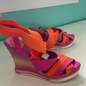 Nine West Strappy Sandals 8.5 Pink Orange Wedge